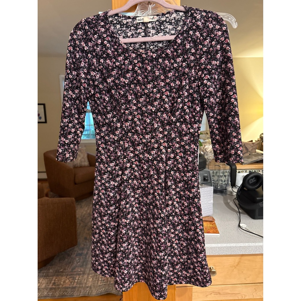 So Rad by A Womens Small Black Pink Ditsy Floral 3/4 Sleeve Fit & Flare Dress